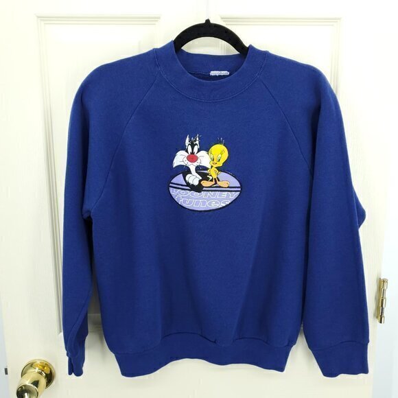 VTG 90s Embroidered Looney Tunes Crew Neck Sweatshirt NS Navy Blue - Picture 1 of 15